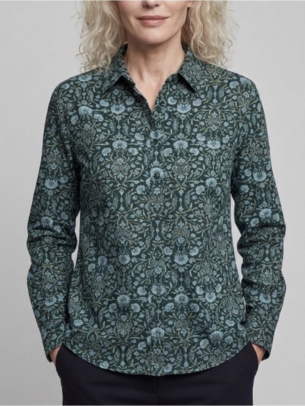 Lands' End Green Blue Floral No-Iron Button-Down Long Sleeve Shirt Blouse